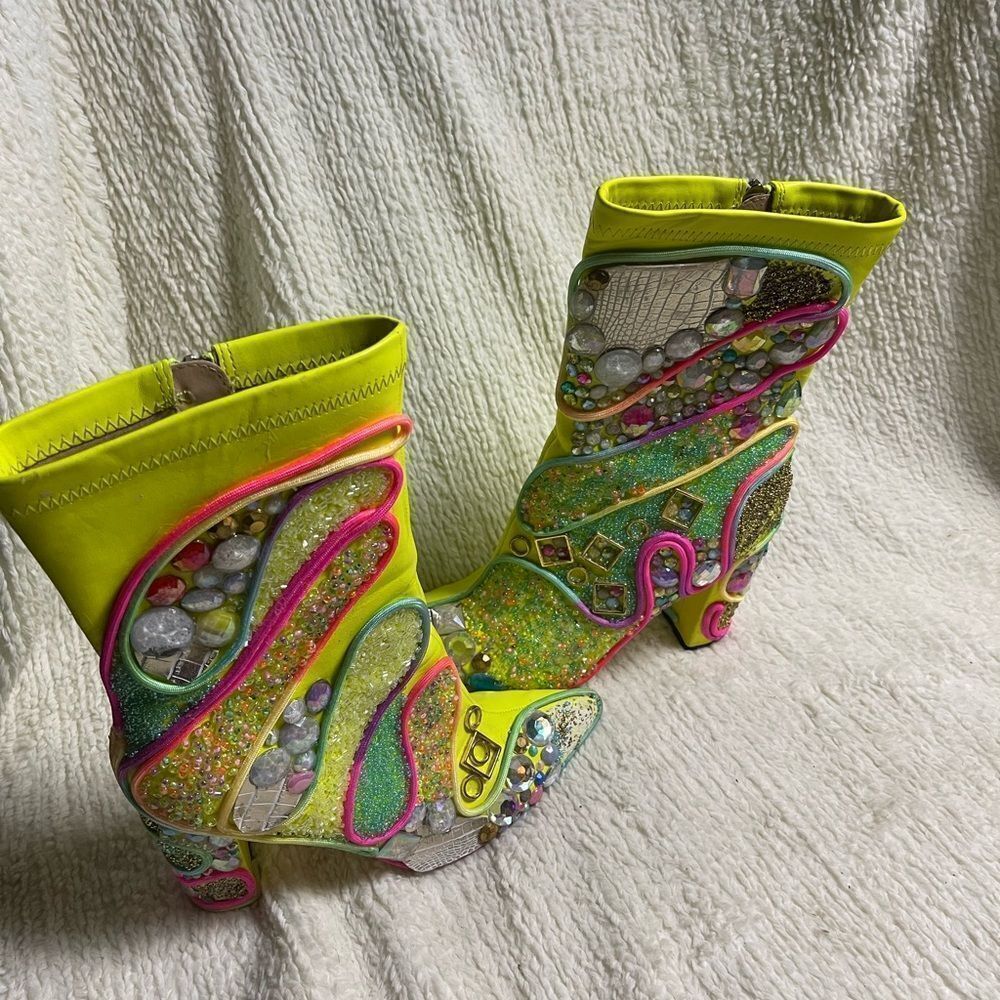 Rumbidra synthetic Neon green mid calf heel boots Colorful embellishments SZ11 - Picture 2 of 15